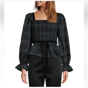 Antonio Melani Alissa Plaid Smocked Velvet Ribbon Belted Blouse